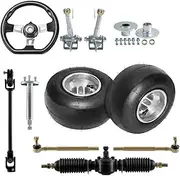 10x4.10-5" Go Kart Wheels Tires 3 Lug and Wheel Hubs Spindle & Go Cart Steering Assembly Kit & Steering Wheel, Gear Rack Pinion Tie Rod Shaft for DIY Drift Trike ATV Quad (Slick Tire)