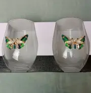 Rachel Zoe Jeweled Rhinestones Green Butterfly Stemless Wine Glasses Set Of 2