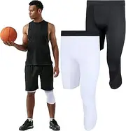 [Hercicy] 2 Packs Men's 3/4 One Leg Compression Tights Unisex Leggings Athletic Base Layer for Basketball Sports