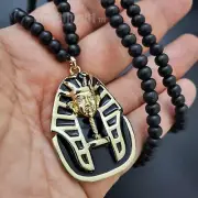 EGYPTIAN KING TUT PHARAOH PENDANT & 6mm 30" WOODEN BEAD CHAIN HIP HOP NECKLACE