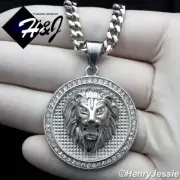 20"MEN Stainless Steel 5mm Silver Cuban Curb Chain CZ LION Round Pendant*P109