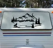 Howling Wolf Mountain Lake Scene Vinyl Decal - Moon Ducks RV Graphics - Die Cut