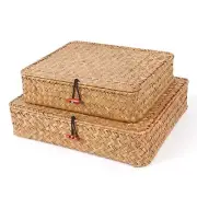 Flat Wicker Shelf Baskets with Lid, Seagrass Woven Basket Boxes for Storage B...