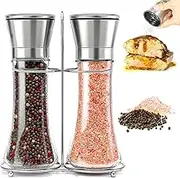 2 Pcs Salt and Pepper Mill, Spice Hand Mill, Adjustable Coarse and Fine Spice Mills, Salt and Pepper Spice Filler Bottle, Table and Kitchen Glass Pepper and Salt Mill Shelf Set