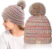 [C.C] Kids Beanie Ages 2-7 Warm Chunky Thick Stretchy Knit Slouch Beanie Skull Kids Hat with Pom (YJ-847-POM)
