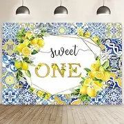 MEHOFOND 7x5ft Lemon Sweet One Birthday Backdrop Blue Tile Lemon Birthday Party Photography Background Talavera Tile Floral Print Decoration Kids First Bday Cake Smash Photo Studio Props