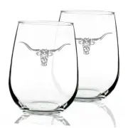 Longhorn - Stemless Wine Glasses - - Western Themed Farm Decor and Set of 2