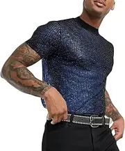 Men's Metallic Shirts 70s Disco Short Sleeve Casual T-Shirt Shiny Crew Neck Sequins Tees Sparkly Nightclub Party Tops