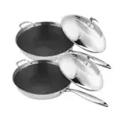 2x 18/10 Stainless Steel Fry Pan 32cm Non Stick Frying Skillet Helper Handle Lid