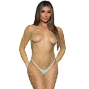 Wide Fishnet Bodystocking Long Sleeves Open Bottom Crotchless Neon Green 2358