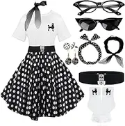 [VillbeCoser] 10Pcs Sock Hop Outfits Women, 1950s Poodle Skirts, Poodle T-Shirt with 50s Accessories Socks Scarf Headband Belt Earring, Black-white-dot