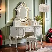 Vanity Desk Set, Dressing Table with Mirror & Stool & White Cosmetic Bag,Lots Storage,European Vintage