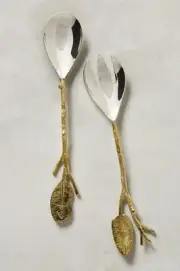 New Rare Anthropologie Wilding Leaf Serving Set Gold Silver Fork Spoon