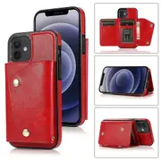 For iPhone 12 Mini Wallet Back Cover, PU Leather Case With Card Holder Phone Case - Red