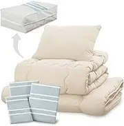 Iris Plaza 7-Piece Ready-to-Use Comforter Set, Single, Antibacterial, Odor Resistant, Clean Storage Case Included, Moisturizing, Smooth Peach Skin Treatment (Comforter, Mattress, Pillow, Includes Cover For Each), Border Gray
