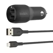 Belkin BoostCharge Dual USB-A Car Charger 24W - Black (CCB001btBK), 2xUSB-A (12W), Dual Port Fast & Compact Charger, $2,500 CEW, 2YR.