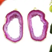 Natural Milky Pink Agate Slice Window Geode Druzy Gold Electroplated Connectors