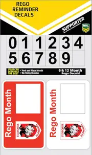 St George Dragons NRL Car Rego Reminder Decals Registration Stickers