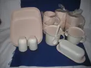 Vintage 1990s Set 6 Tupperware square Lunch Ivory Rose Pink plates mugs more new