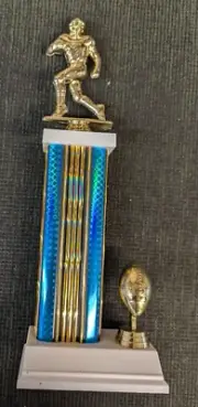 FOOTBALL trophy blue column ball trim weighted white base