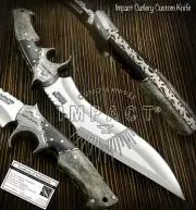 IMPACT CUTLERY RARE CUSTOM D2 FULL TANG BUSHCRAFT BOWIE KNIFE DAMASCUS BOLSTERS