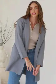 Onyx Cardigan - Lapel Collar Open Front Coatigan with Waist Tie in Grey