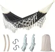 Double Macrame Hammock Two Person Swing Bed for Beach Yard Bedroom Patio Black