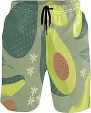 [GuoChe] Men's Beach Shorts Green Avocado Sliced Plant Leaves Quick Dry Swimwear Holiday Beach Short Pants with Mesh Lining