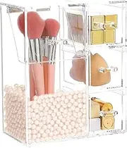 Makeup Brushes Organiser, Clear Cosmetic Brushes Organizer With Drawer, Makeup Tool Storage Box with Lid and Pearl, Desktop Storager Arcylic Bottle for Makeup Brushes (White-3 Drawer) ﻿
