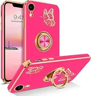 BENTOBEN for iPhone XR Case, Phone Case iPhone XR, Slim Fit Gold Butterfly Design Kickstand Ring Holder Shockproof Protection Soft TPU Bumper Drop Protective Girl Women Boy iPhoneXR Cover, Hot Pink