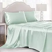 4 Pcs Mint Green Satin Sheets Queen Size Silky Satin Bedding Sheets Set with 1 Deep Pocket Fitted Sheet, 1 Flat Sheet, 2 Pillowcases