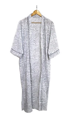 Black & White Beach Cover Up Floral Print Cotton Bathrobe Sleepwear Robe Kimono