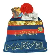 Captain Marvel Winter Beanie Kids Hat Reversible Sequins Flip Up & Down Children