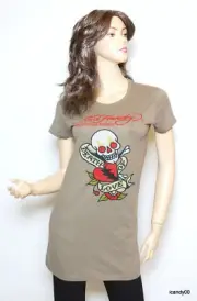 Nwt Ed Hardy Death of Love Crew Neck T-Shirt Tee Top Tunic ~Grey/Army *L