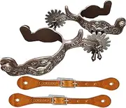 MORECP Western Antique Spurs with Leather Belt, German Silver Trims and Rowel, Hand Carved Silver Equestrian Gear for Men and Women, Riding Competition Spurs MP-1130