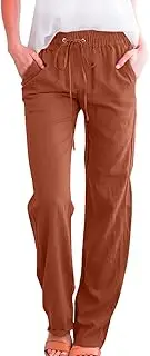 [Generic] Women's Cotton Linen Pants Lightweight Loose Fit Casual Pant with Drawstring Straight Lounge Summer Beach Trousers