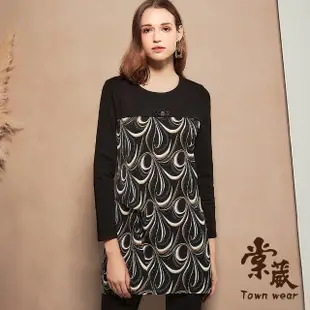 【TOWN’WEAR 棠葳】復古滿版印花拼接長版上衣(女上衣/女上著/鑽飾/長袖/雪紡)