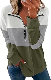 [Generic] Women'S Loose Quarter Zip Pullover Tops Casual Long Sleeve Zipper Pullover Sweatshirt Side Split Color Block Sweater