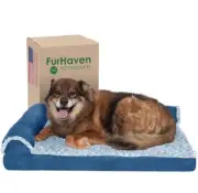 Furhaven Memory Foam Dog Bed Large/Medium L Shaped Chaise Two-Tone Plush Faux Fu
