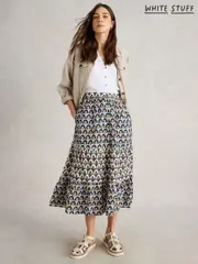 White Stuff Blue Ariel Mix Print Midi Cotton Skirt (W30533) | $150