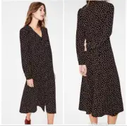 NWT Boden Elsie Polka Dot Button Front Black Midi Dress Size 16 Long