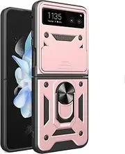 Case for Motorola Moto Razr 40, Rugged Shockproof Cover with 360° Rotatable Magnetic Kickstand and Slide Camera Lens Cover Case for Motorola Moto Razr 40-Rose Gold