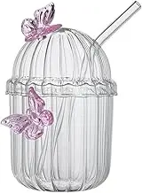 Alipis 1 Set Cute Butterfly Glass Drink Cup with Straw and Lid Transparent Iced and Juice Cup and Practical Design for Home and Parties