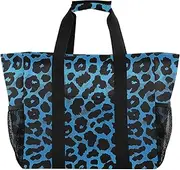 [sanluoli] Totes Foldable Beach Tote Bag With Pockets Canvas Laundry Bag Travel, Blue Black Leopard Print, 1 size