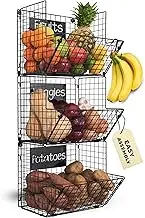 Premium 3-Tier Wall Mounted Hanging Wire Baskets with Chalkboards - High-Grade Black Iron - Fruit or Produce Storage - Bathroom Towel Rack - Rustic Country-Style Organizer