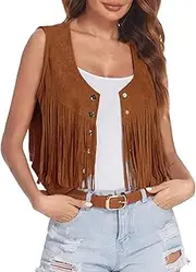 [Generic] Fringe Vest Women Vintage Vest Sleeveless 70S Clothes Boho Jacket Coats Ladies Blazers Black Blazer For Floral Jackets Womens Sport Outdoor Short Cardigan Plus Size