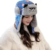 [LHY] Cartoon Bomber Hats, Can Protect The Neck Warm Faux Fur Trapper Hat, with Kitten Cartoon Pattern Printing, for Ski Running Traveling, Unisex,Blue,L