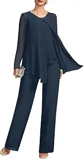 [VK Selec] Pants Suits 3pcs Chiffon Mother of The Bride Dressy Suits for Wedding Guest with Jacket