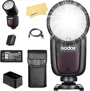 Godox V1-N Round Head Camera Flash for Nikon Flash Speedlight+White Blue Yellow Diffuser+Reflector+20 Color Filters,76Ws 2.4G 1/8000 HSS,480 Full Power Shots,1.5s Recycle Time,2600mAh Li-ion Battery