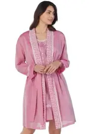 NWT $74 Eileen West ROBE S/M Rose Chambray/White Floral Embroidery 100% Cotton